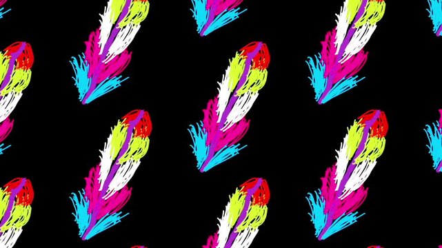 ​Hand-drawn vibrant feather pattern animation with high contrast texture on black background