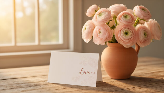 Beautiful bouquet of fresh pink ranunculus flowers in a terracotta clay vase next to a romantic love greeting card on a wooden table with soft warm window light at home interior