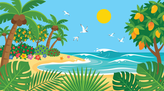 Tropical beach scene with palm trees mango trees colorful flowers turquoise ocean waves under a sunny sky coconut trees blue sky tropical illustration outdoors shoreline vacation relaxation