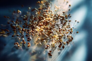 Fototapeta premium Malt Grains Spilled Gently on Glossy Acrylic Plate with Subtle Reflections and Cinematic Soft Gradie
