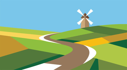 Winding road through colorful farmland with a distant windmill blue sky flat design rural road country road farmland countryside landscape windmill agriculture illustration stylized © MSTSUMAIYA