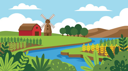 Farm landscape with windmill barn crops flat design windmill landscape agriculture outdoors countryside illustration background pastoral building traditional vegetation © MSTSUMAIYA