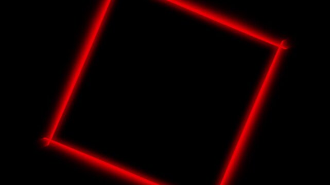 Red neon glowing square frame rotating on black background, futuristic light loop animation