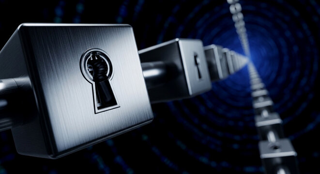 Secure metallic chain with keyhole lock in dark background with blue glow
