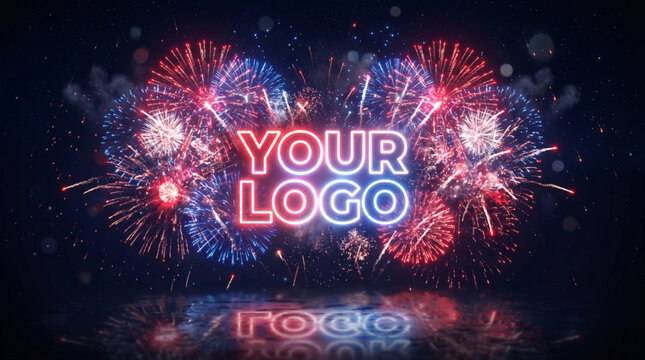 Patriotic fireworks display with neon logo mockup frame and reflections on dark night background for fourth of July celebration event design
