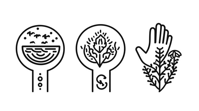 Three minimalist line art illustrations one depicts a scene, another a leaf, and the third a hand with plants