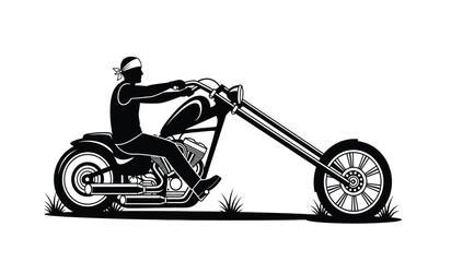 silhouette of a motorcyclist riding a chopper motorcycle with a bandana side view on grassy terrain high quality professional detailed modern elegant stylish clean © ARSM D