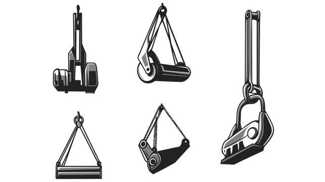 A collection of stylized illustrations depicting various types of industrial lifting and grabbing devices