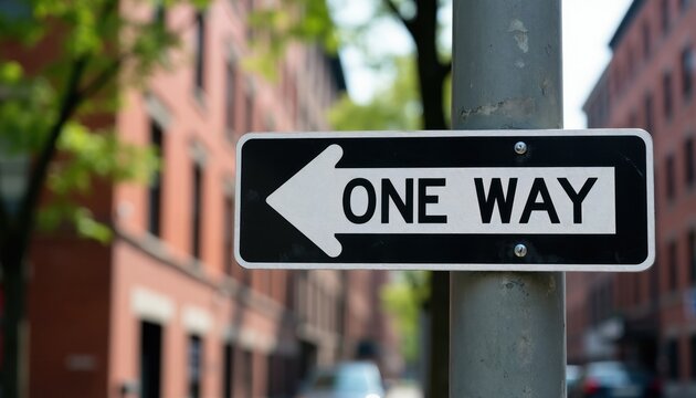 Black and white one way street sign with white arrow pointing left. Blurred urban cityscape and brick buildings in background. Signage on metal pole guides traffic flow.