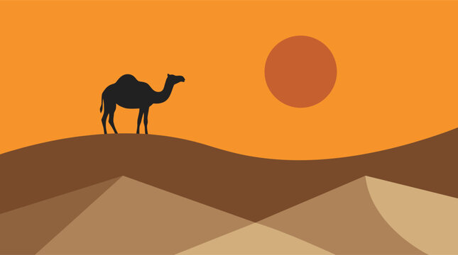 Desert landscape with camel silhouette at sunset orange sky middle east drifting sand flat design no people silhouette warm colors landscape wildlife outdoors daylight desertification