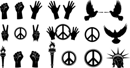 Collection of peace and freedom symbols with hands doves torches and statues on white background © Badhon