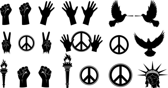 Collection of peace and freedom symbols with hands doves torches and statues on white background