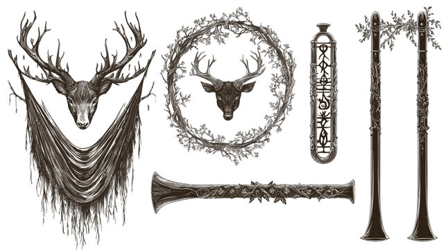 Artistic depiction of a deer head with antlers, decorative elements, and botanical motifs