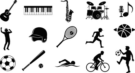 Black silhouettes of various sports and music icons on white background © Badhon