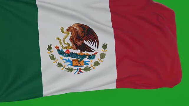 Mexican flag waving with eagle emblem on white stripe closeup