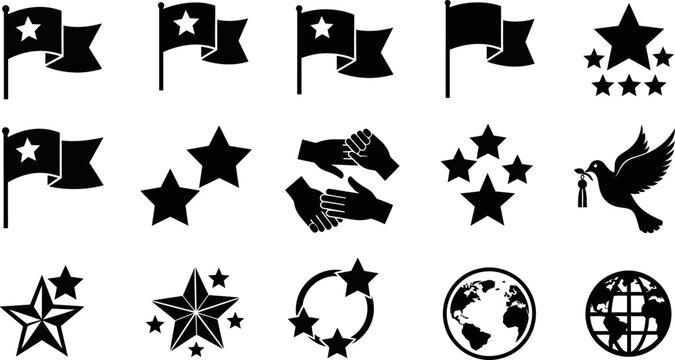 black and white icons of flags stars and globes on white background