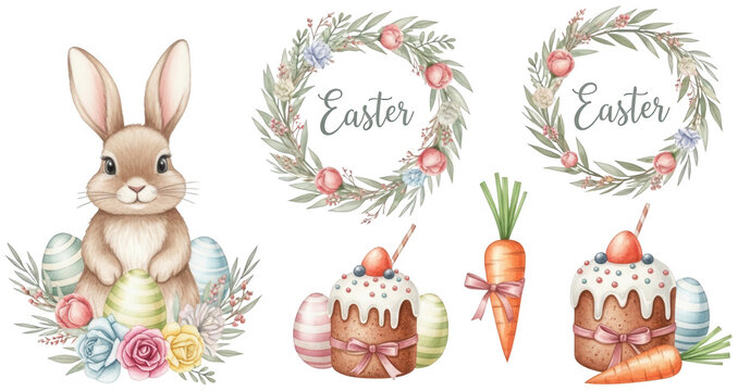 watercolor easter set png cute bunny cutout illustration spring holiday elements png festive rabbit design cutout painted egg collection png floral wreath isolated transparent background image