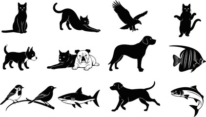black and white animal silhouettes on white background © Badhon