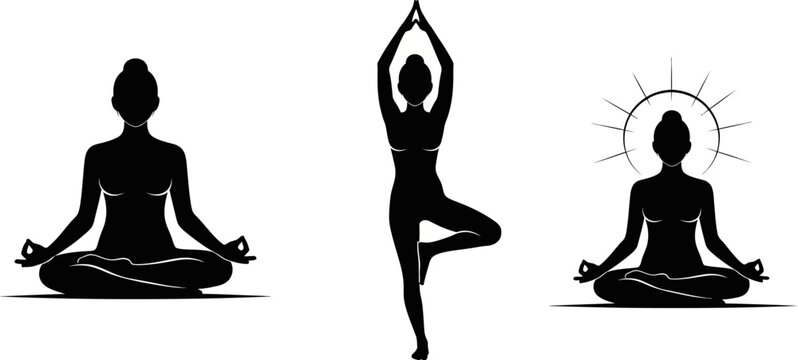 silhouette of women practicing various yoga poses on white background