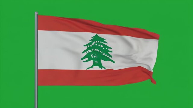 The Lebanese flag waves gently on a pole against a green screen background