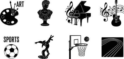 Collection of various icons representing art and sports on white background © Badhon