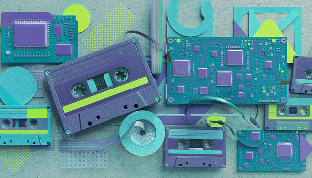 Retro cassette and circuit board collage with neon palette
