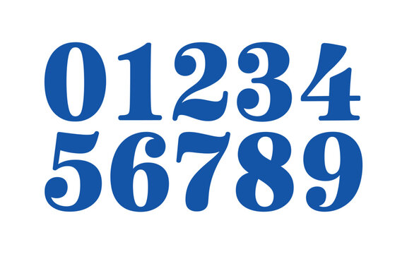 Set of blue serif numbers from zero to nine isolated on transparent background for typography design and creative digital counting.