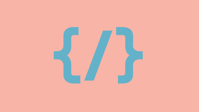 Minimalist graphic of blue curly braces and forward slash on pink background
