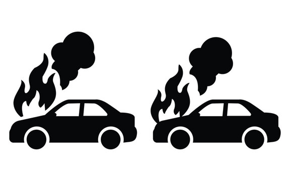 Car fire incident vector icon showing burning vehicles with smoke emergency situation design