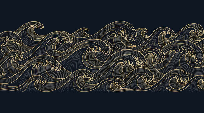 Traditional japanese wave pattern, stylized ocean waves in gold lines on a dark blue background