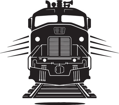 Black and white silhouette of a train on railroad tracks also transparent background, locomotive