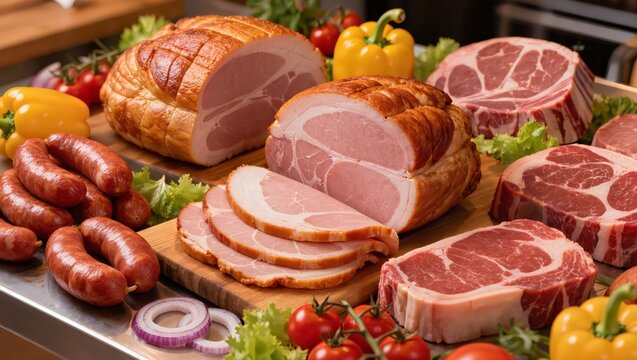 An enticing assortment of premium quality raw meats including succulent roast ham fresh sausages and marbled steaks beautifully arranged with vibrant peppers and crisp lettuce showcasing culinary auth