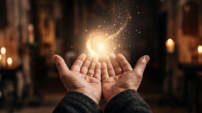 A pair of open hands holding a glowing orb of light amidst a dark, softly illuminated background with flickering candles