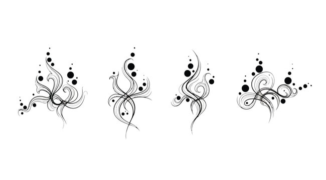 Set of abstract decorative swirls and dots, handdrawn ink style flourish elements