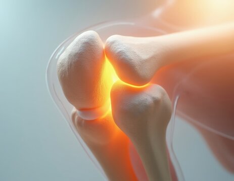 Human knee joint anatomy with visible bones and cartilage. Glowing inflammation highlights area of potential pain or injury. Medical illustration shows skeletal leg structure, femur, tibia detail.