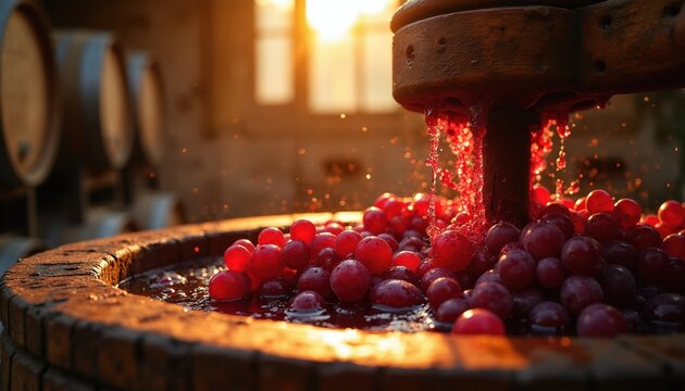 Red grapes are pressed in wooden wine press. Fresh juice splashes down into a barrel. Winery barrels stand in soft sunlight background. Harvest season tradition is shown.