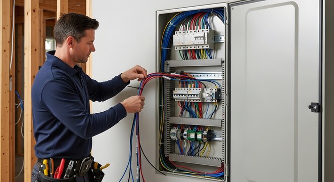 Electrician working on residential electrical panel wiring installation