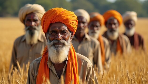 Indian men with turbans stand in golden wheat field. Farmers work together during harvest season. They smile, show dignity and community spirit under sunny sky.