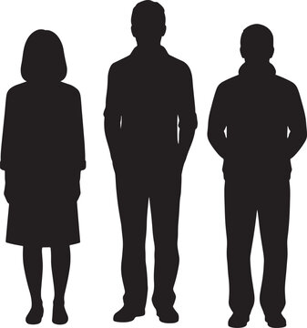 Silhouettes of three people standing side by side, including a woman and two men with transparent background, also transparent background