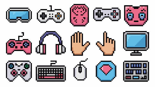 Colorful pixel art icons set of gaming and computer accessories