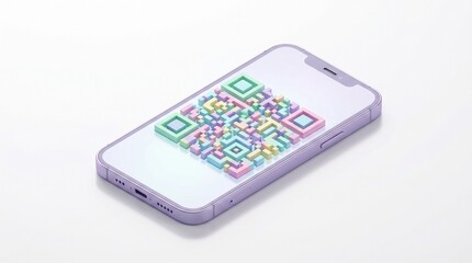 Fototapeta premium Dynamic 3D Isometric QR Code on a Contemporary Smartphone Screen, Representing Digital Loyalty Programs and Seamless Reward Point Collection or Redemption