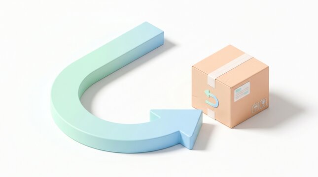 3D isometric render of an online store delivery box with dollar sign and return arrow, symbolizing efficient e-commerce refunds or a circular storefront delivery
