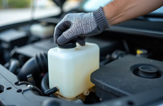 Gloved hand closes translucent plastic coolant reservoir tank under open car hood. Person performs regular auto maintenance check. Engine service work done.