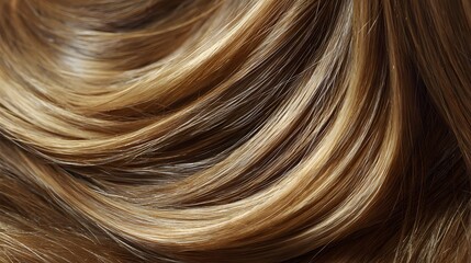 Fototapeta premium Healthy blonde hair strands display a shiny silk texture. Smooth brunette waves highlight professional salon color and natural beauty. Radiant close-up captures volume for hair care marketing.