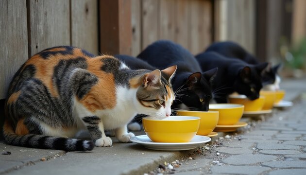 Multiple cats line up outdoors drinking milk from yellow bowls on pavement. A calico cat eats near black cats. Stray animals seek food near wooden fence.