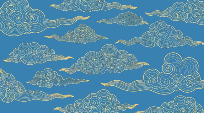 Traditional chinese cloud pattern background, oriental style blue sky with golden line art clouds