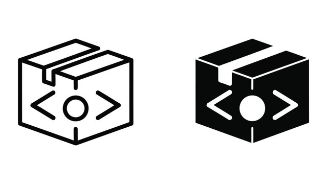 Modern box icon with code and circle symbol