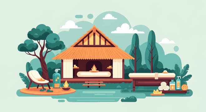 Serene lakeside hut with deck and tree landscape