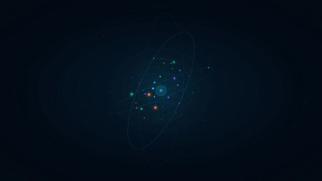Futuristic atom model animation, glowing subatomic particles orbiting a nucleus, scientific physics concept with blue neon digital elements