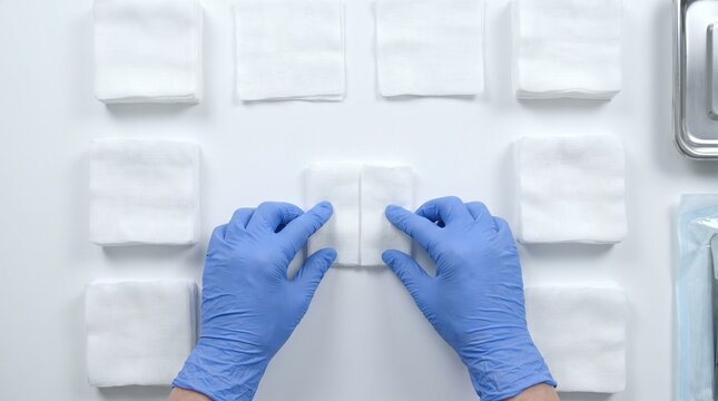Medical Professional Preparing Sterile Gauze Pads on Clean Surface